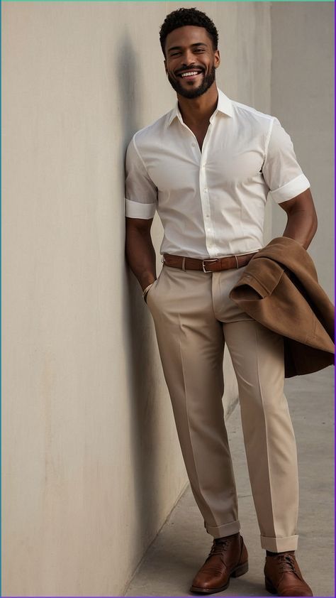 Camisa branca, calça bege e blazer marrom